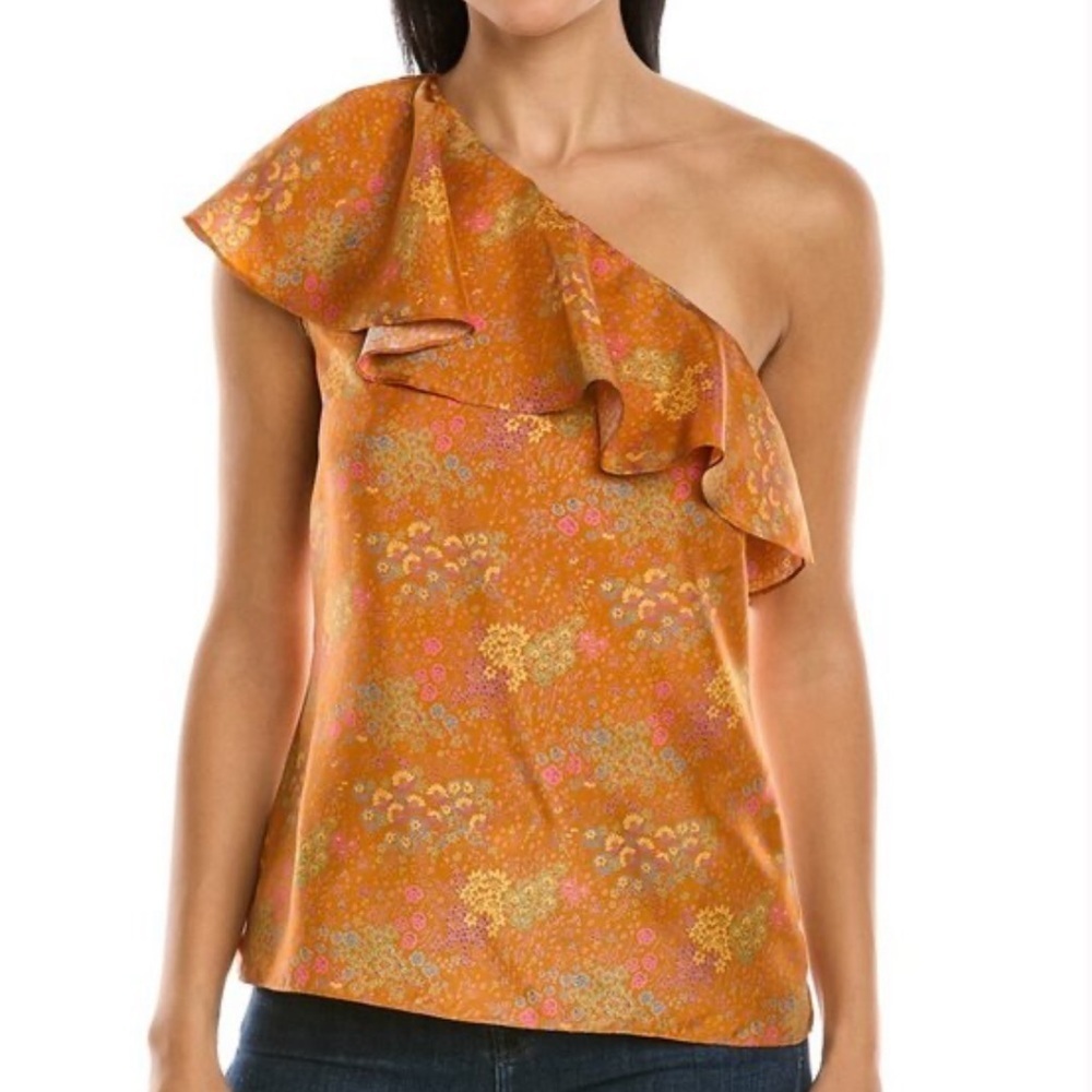 NWT REBECCA TAYLOR Isabelle One Shoulder Floral Print Silk Top Orange 6